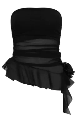 Black Mesh Long Line Floral Frill Bandeau Top