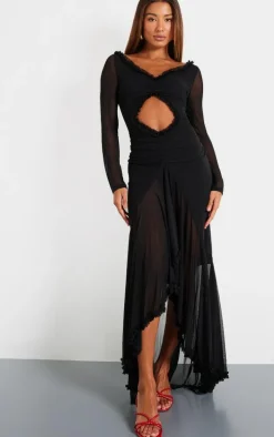 Black Mesh Long Sleeve Frill Detail Cut Out Maxi Dress