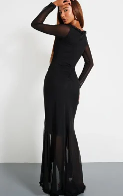 Black Mesh Long Sleeve Frill Detail Cut Out Maxi Dress