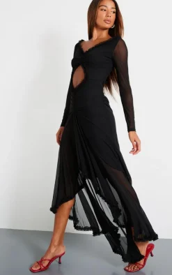 Black Mesh Long Sleeve Frill Detail Cut Out Maxi Dress