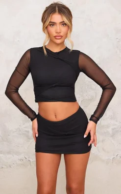 Black Mesh Long Sleeve Knot Detail Top