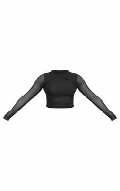 Black Mesh Long Sleeve Knot Detail Top