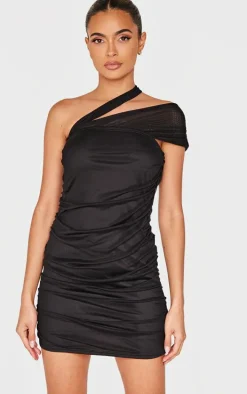 Black Mesh Neck Detail Mini Dress