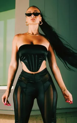 Black Mesh Panel Cropped Corset Bandeau Top