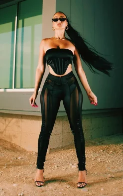 Black Mesh Panel Cropped Corset Bandeau Top