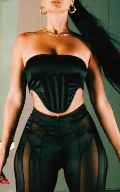 Black Mesh Panel Cropped Corset Bandeau Top