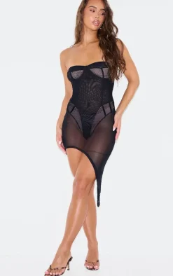 Black Mesh Panelled Asymmetric Bandeau Bodycon Dress