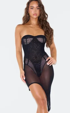 Black Mesh Panelled Asymmetric Bandeau Bodycon Dress