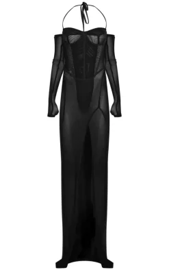 Black Mesh Panelled Corset Maxi Dress