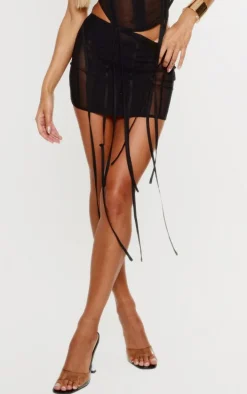 Black Mesh Panelled Extreme Ruched Extreme Micro Mini Skirt
