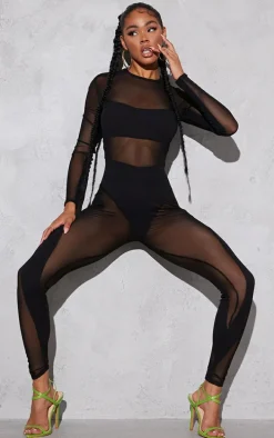 Black Mesh Panelled Long Sleeve Jumpsuit