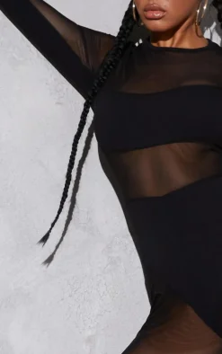Black Mesh Panelled Long Sleeve Jumpsuit
