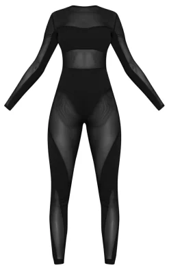 Black Mesh Panelled Long Sleeve Jumpsuit