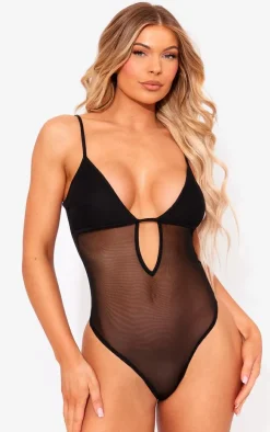 Black Mesh Plunge Bodysuit