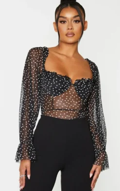 Black Mesh Polka Dot Milkmaid Bodysuit