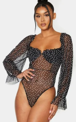 Black Mesh Polka Dot Milkmaid Bodysuit