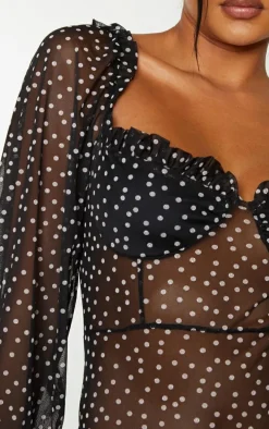Black Mesh Polka Dot Milkmaid Bodysuit