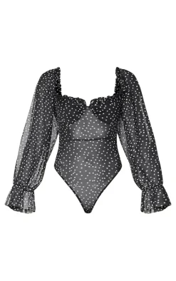 Black Mesh Polka Dot Milkmaid Bodysuit