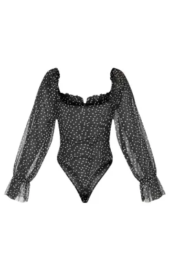 Black Mesh Polka Dot Milkmaid Bodysuit