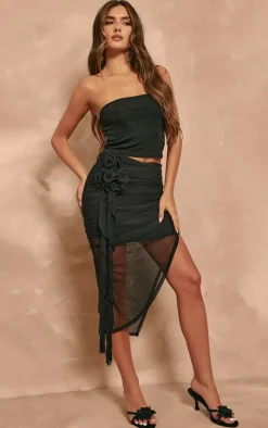 Black Mesh Rose Applique Linen Look Mini Skirt