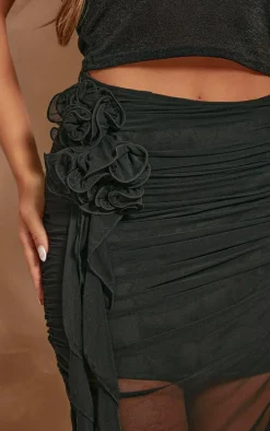 Black Mesh Rose Applique Linen Look Mini Skirt