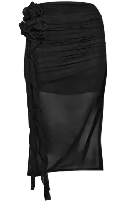 Black Mesh Rose Applique Linen Look Mini Skirt