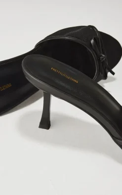 Black Mesh Round Toe Bow Strap Mid Heeled Mules