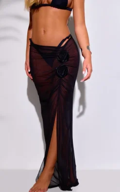 Black Mesh Ruched Flower Trim Maxi Beach Skirt