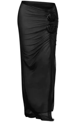 Black Mesh Ruched Flower Trim Maxi Beach Skirt