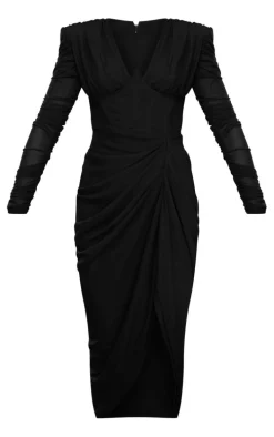 Black Mesh Ruched Long Sleeve Draped Midi Dress