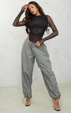 Black Mesh Ruched Long Sleeve Crew Neck Bodysuit