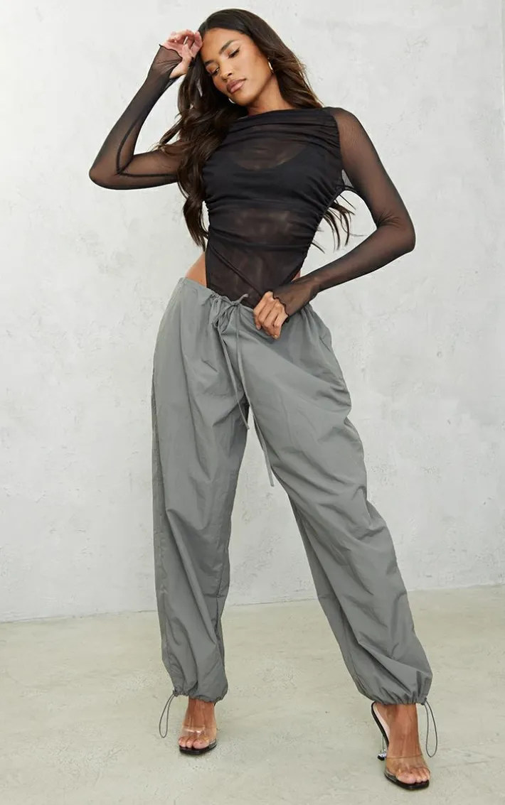 Black Mesh Ruched Long Sleeve Crew Neck Bodysuit