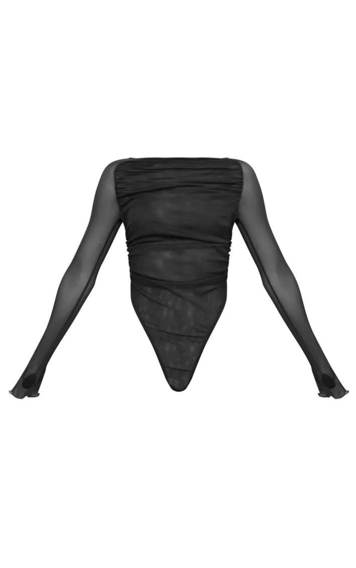 Black Mesh Ruched Long Sleeve Crew Neck Bodysuit