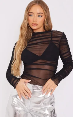 Black Mesh Ruched Long Sleeve Bodysuit