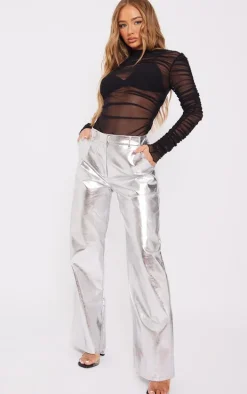 Black Mesh Ruched Long Sleeve Bodysuit