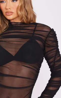 Black Mesh Ruched Long Sleeve Bodysuit