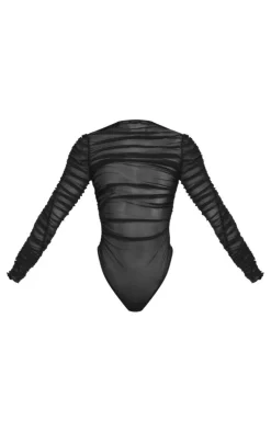 Black Mesh Ruched Long Sleeve Bodysuit