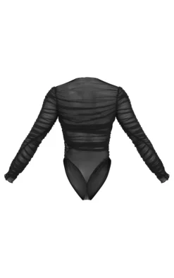 Black Mesh Ruched Long Sleeve Bodysuit