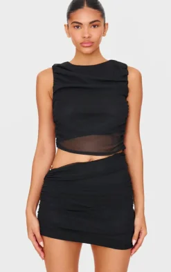 Black Mesh Ruched Trim Detail Crop Top