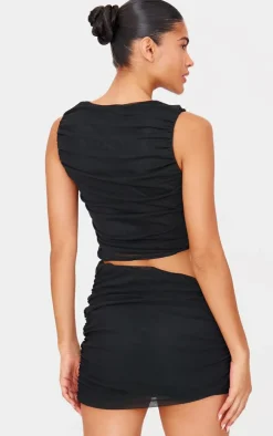 Black Mesh Ruched Trim Detail Crop Top