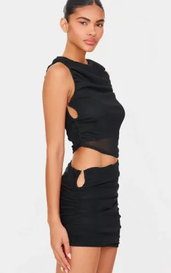 Black Mesh Ruched Trim Detail Crop Top