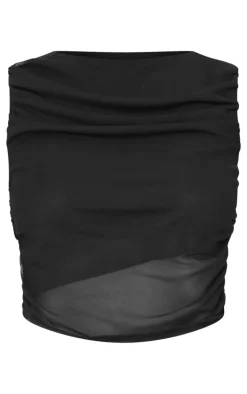 Black Mesh Ruched Trim Detail Crop Top