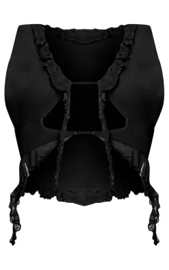 Black Mesh Ruffle Front Cut Out Crop Top