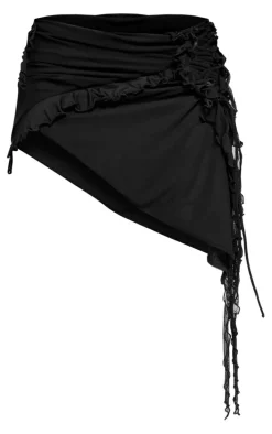 Black Mesh Ruffle Lace Up Asymmetric Mini Skirt
