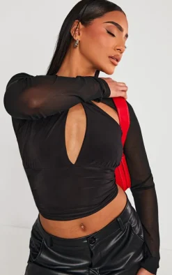 Black Mesh Sleeve Slinky Cut Out Crop Top