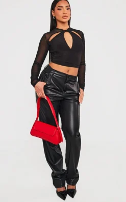 Black Mesh Sleeve Slinky Cut Out Crop Top