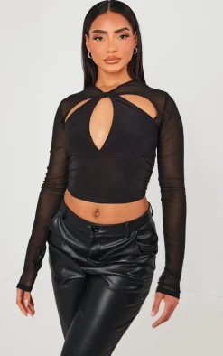 Black Mesh Sleeve Slinky Cut Out Crop Top