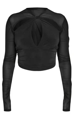 Black Mesh Sleeve Slinky Cut Out Crop Top