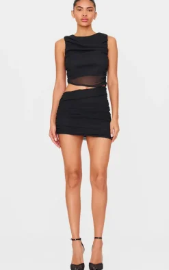 Black Mesh Trim Detail Ruched Skirt