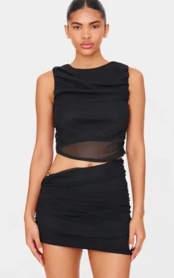 Black Mesh Trim Detail Ruched Skirt